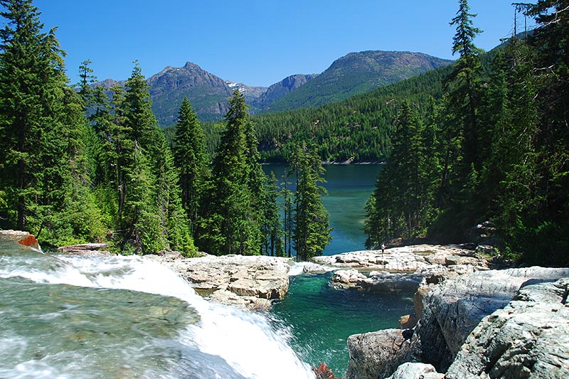 Lower Myra Falls cascading into Buttle Lake, Strathcona Provincial Park, Central Vancouver Island, British Columbia, Canada