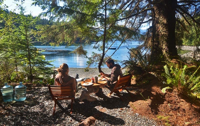 Tranquil base camp breakfast: Orca Dreams offers kayaking, whale watching and luxury camping on Compton Island, Blackney Pass, British Columbia