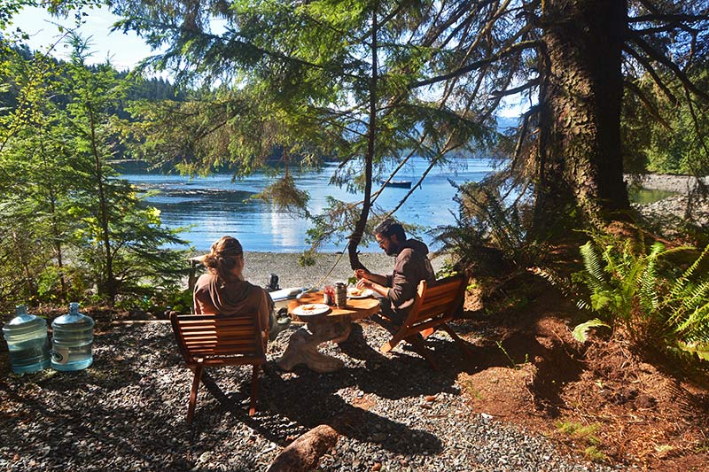 Tranquil base camp breakfast: Orca Dreams offers kayaking, whale watching and luxury camping on Compton Island, Blackney Pass, British Columbia